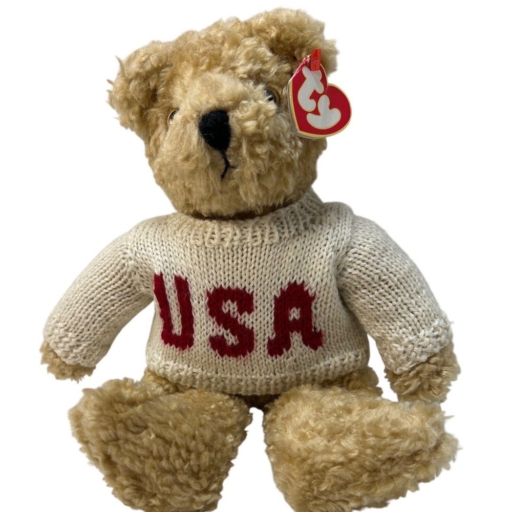 Ty Classic 1992 USA Teddy Bear Plush Tan Sherpa Fur Cream Sweater 12 Inch